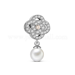 925 ciondolo a forma di fiore in argento sterling placcato rodio con perla acrilica e ciondolo con zirconi cubici, platino, chiaro, 25x13.61x9.31mm, Foro: 4.37 mm