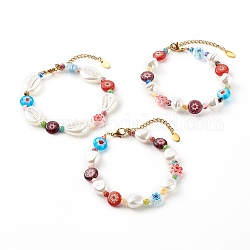 Set di braccialetti di perline, con perle di plastica finte perle e perle di vetro millefiori, conchiglia/pepite/lacrima, oro, colorato, 7-1/2 pollice (19.2 cm), 7-1/2 pollice (19 cm), 7-5/8 pollice (19.5 cm), 3 pc / set