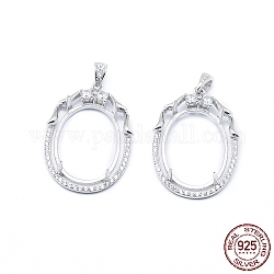 Rhodium Plated 925 Sterling Silver Pendant Claw Cabochon Settings, Prong Settings, with Clear Cubic Zirconia, Oval, Platinum, Tray: 22x16mm, 31x21x3mm, Hole: 5x3mm