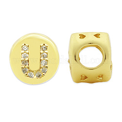Brass Micro Pave Clear Cubic Zirconia Beads, Flat Round with Letter, Letter.U, 7.5x6.5mm, Hole: 3.5mm, 3pcs/bag