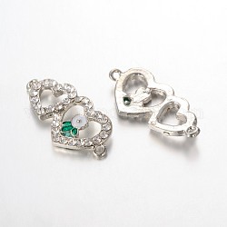 Platinum Tone Alloy Enamel Crystal Rhinestone Multi-Stone Links Connectors, Double Heart with Flower, White, 35x17x4mm, Hole: 2mm
