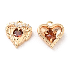 Brass & Glass & Cubic Zirconia Charms, Heart Wing Charm, Real 18K Gold Plated, Orange Red, 11x10.5x4mm, Hole: 1.2mm