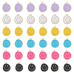 SUPERFINDINGS 60Pcs 6 Colors Alloy Enamel Pendants, Golden, Flat Round with Smiling Face Charm, Mixed Color, 24.5x20x1.5mm, Hole: 2mm, 10pcs/color