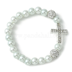 Bracelet extensible en perles de verre et alliage de strass, perles croisées, fumée blanche, diamètre intérieur: 2-1/8 pouce (5.4 cm)