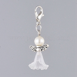 Pendentifs acryliques, avec des perles de verre teintées, fermoirs pince de homard en alliage de zinc et perles en alliage, ange, blanc, 40mm