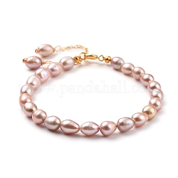 Natürliche kultivierte Süßwasserperlen Perlen Armbänder, mit Messingkabelketten und 304 Federringverschluss aus Edelstahl, Pflaume, 7-1/2 Zoll ~ 7-5/8 Zoll (19~19.5 cm)