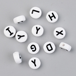 Opake Legierung Perlen, mit Emaille, horizontales Loch, flach rund mit dem Anfangsbuchstaben, Schwarz, weiß, 9.5x4.5 mm, Bohrung: 2 mm