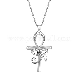 Collana pendente con croce ankh e occhio di horus con strass, gioielli in lega per uomini donne, platino, 17.72~18.90 pollice (45~48 cm)