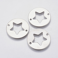 304 Stainless Steel Pentacle Links connectors, Flat Round with Hollow Star, Stainless Steel Color, 25x1mm, Hole: 2mm