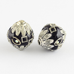 2PCS DIY Findings Oval Handmade Grade A Rhinestone Indonesia Beads, with Alloy Antique Silver Metal Color Cores, Black, 21.5x18.5mm, Hole: 2mm