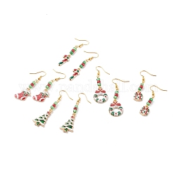 Boucles d'oreilles pendantes en alliage émaillé sur le thème de Noël, avec crochets de boucles d'oreilles en laiton et perles de rocaille en verre, formes mixtes, or, couleur mixte, 45.5~58mm, pin: 0.7 mm