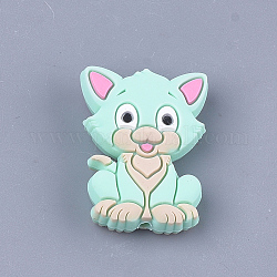 Food Grade Eco-Friendly Silicone Focal Beads, Kitten, Chewing Beads For Teethers, DIY Nursing Necklaces Making, Cat, Aquamarine, 29.5x22x8mm, Hole: 2mm