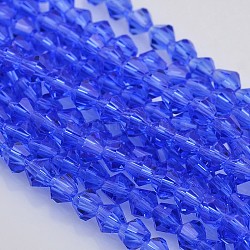 Chapelets de perles en verre à facettes bicone, bleu royal, 4x4mm, Trou: 1mm, Environ 92~96 pcs/chapelet, 13.78~14.37 pouce