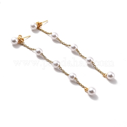 Aretes colgantes de cadena larga con cuentas de perlas de plástico redondas, 304 pendientes colgantes de acero inoxidable para mujer., dorado, 88x6mm, pin: 0.7 mm