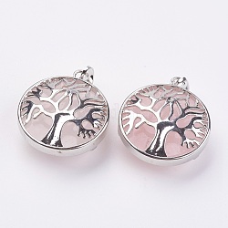 Natural Rose Quartz Pendants, with Platinum Tone Brass Findings, Flat Round with Tree of Life, 31.5x28x11.5mm, Hole: 5x7mm