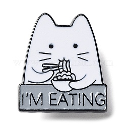 Cartoon-Katze mit dem Wort „Ich esse“ Emaille-Anstecknadel, Elektrophorese-Brosche aus schwarzer Legierung für Kleiderrucksäcke, Lebensmittel, 27x24x1.5 mm