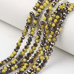 Electroplate Opaque Glass Beads Strands, Half Black Plated, Faceted, Rondelle, Yellow, 2x1.5mm, Hole: 0.4mm, about 195pcs/strand, 11 inch(28cm)