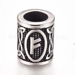 304 perline europei in acciaio inox, perline con foro grande, colonna con rune / futhark / futhor, argento antico, 16.2x13.4mm, Foro: 8 mm