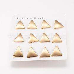 304 Stainless Steel Stud Earrings, Hypoallergenic Earrings, Triangle, Real 18K Gold Plated, 19x17x1mm, Pin: 0.8mm, 6pairs/card