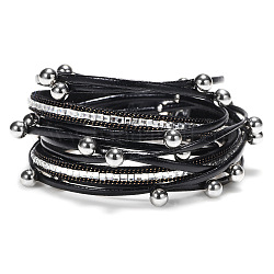 Bracelets multi-rangs en cuir PU, avec fermoir magnétique et strass en alliage, ronde, platine, noir, 15-3/8 pouce (39 cm)