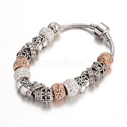 Lega strass perline braccialetti europei, con perle di vetro e catena in ottone, cristallo ab, 190mm