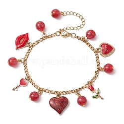 Valentine's Day Alloy Enamel & Resin Charm Bracelet, Heart & Rose & Lip Bracelets with 304 Stainless Steel Chains, Red, 7-3/8 inch(18.7cm), Chain Extender: 60mm