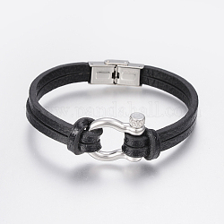 Bracelets multi-brins avec cordon en cuir pour hommes, avec 304 fermoirs à bascule en acier inoxydable, noir, 8-5/8 pouce (220 mm), 9~22x3~10mm