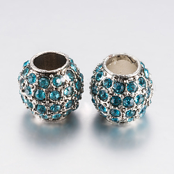 Perline europeo rhinestone  in lega, perline con foro grande, rondelle, platino, azzurro, 10.5x9.5mm, Foro: 5 mm