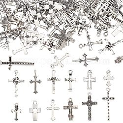 Nbeads 12 sacs 12 pendentifs en alliage de style tibétain, croix & croix crucifix, argent antique, 15~31x10~15.5x1~4mm, Trou: 1.2~2mm, 10 pcs /sachet , 1 sac/style