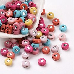 Opaque Acrylic Beads, Flat Round with Heart, Silver Plated, 6.5x7x3mm, Hole: 1.6mm, about 3600~3700pcs/500g