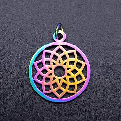 Ion Plating(IP) 201 Stainless Steel Pendants, with Jump Rings, Chakra, Sahasrara, Ring with Flower, Rainbow Color, 22.5x19x1mm, Jump Ring: 5x0.8mm, Inner Diameter: 3mm