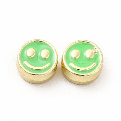 Perles d'émail d'alliage de placage de support, Sans cadmium & sans nickel & sans plomb, plat rond avec motif de visage souriant, or clair, vert printanier, 7.5x4mm, Trou: 2mm