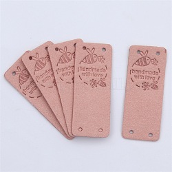Microfiber Leather Labels, Handmade Embossed Tag, with Holes, for DIY Jeans, Bags, Shoes, Hat Accessories, Rectangle with Bee with Word Pattern, Pink, 50x20mm