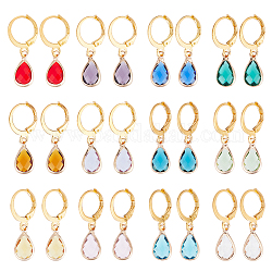 12 par de aretes de palanca de lágrima de vidrio de 12 colores, joyas de latón dorado para mujer, color mezclado, 27mm, pin: 0.6 mm, 1 par / color