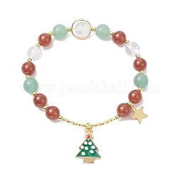 Bracelets extensibles en perles de pierres précieuses mélangées naturelles avec des breloques d'arbre de Noël en alliage d'émail, colorées, diamètre intérieur: 2-1/4 pouce (5.8 cm)
