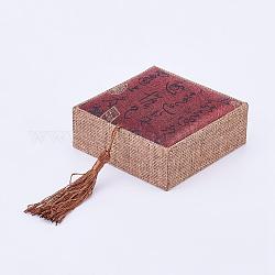 Boîtes de bracelet en bois, avec le gland de corde de lin et de nylon, rectangle, firebrick, 10x10x3.7 cm