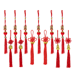 Superfindings 12pcs 4 styles décorations de pendentif de gland de polyester, avec des billes en plastique, pour la nouvelle année, noeud chinois, rouge, 235~335mm