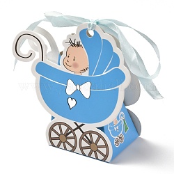 Forme de chariot pour bébé avec boîte d'emballage de bonbons à motif d'enfant, avec ruban, pour la boîte-cadeau de fête d'anniversaire, modèle garçon, 11x11.4x5 cm, déplier: 27.2x21.6x0.03cm