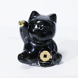 天然黒曜石チップ＆レジンクラフトディスプレイ装飾  招き猫の置物  家庭用風水装飾品  63x55x45mm