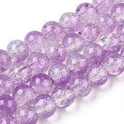 Transparent Crackle Baking Painted Glass Beads Strands, Imitation Opalite, Round, Lilac, 10x9.5mm, Hole: 1.4mm, about 80pcs/strand, 30.87 inch(78.4cm)
