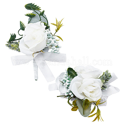 Craspire 2 piezas 2 estilo tela de seda rosa flor boutonniere broche y ramillete de muñeca, para la boda, decoraciones de fiesta, blanco, 95~118x67~112x45mm, 1pc / estilo