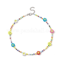 Colliers de perles de rocaille de verre, fleur avec sourire visage collier de perles d'argile polymère fait à la main pour les femmes, colorées, 14.29 pouce (36.3 cm), 3~9mm