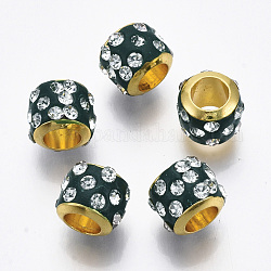 Perles européennes en laiton, avec strass en pâte polymère, Perles avec un grand trou   , rondelle, or, vert foncé, 9x7.5mm, Trou: 4.5mm