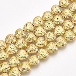 Electroplated Natural Lava Rock Beads Strands, Bumpy, Heart, Golden Plated, 11x10~10.5x4.5~5mm, Hole: 1mm, about 40pcs/strand, 15.7 inch