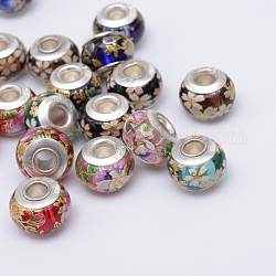 Motif de fleurs en verre imprimé perles européennes, perles de rondelle avec grand trou , avec noyaux en laiton plaqué couleur argent, couleur mixte, 14~14.5x10mm, Trou: 4.5mm