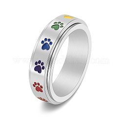 Regenbogenfarbe Stolz Flagge Emaille Hund Pfotenabdruck drehbarer Ring, Fidge-Spinner-Ring aus Edelstahl zur Linderung von Stressangst, Edelstahl Farbe, uns Größe 5 (15.7mm)