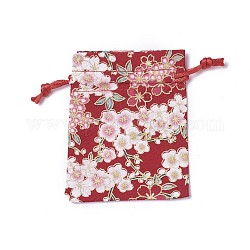黄麻布製梱包袋ポーチ  巾着袋  花模様の長方形  レッド  10~10.5x8~8.3cm