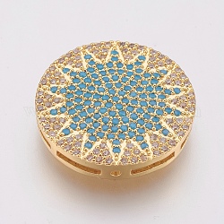 Perle ecologiche in ottone micro pavé di zirconi, piombo & cadimo libero, piatta e rotonda con il sole, oro, 19.5x3.5mm, Foro: 1 mm