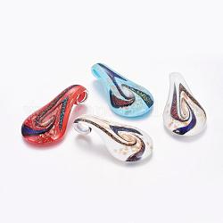 Handmade Dichroic Glass Big Pendants, with Gold Sand, Teardrop, Mixed Color, 60x33mm, Hole: 10mm