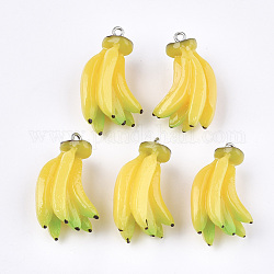 Pendentifs en résine, avec les accessoires en fer de tonalité de platine, nourriture imitation, banane, jaune, 33~34x19x15mm, Trou: 2mm